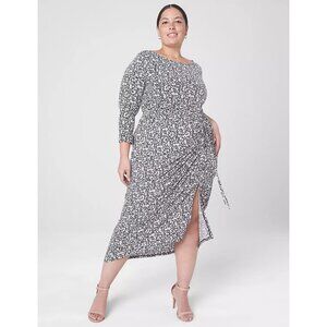 Lane Bryant long sleeve dress with ruched slit in front black white floral 14/16